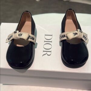 Dior Black Patent Leather Baby Shoes with Logo Ribbon
